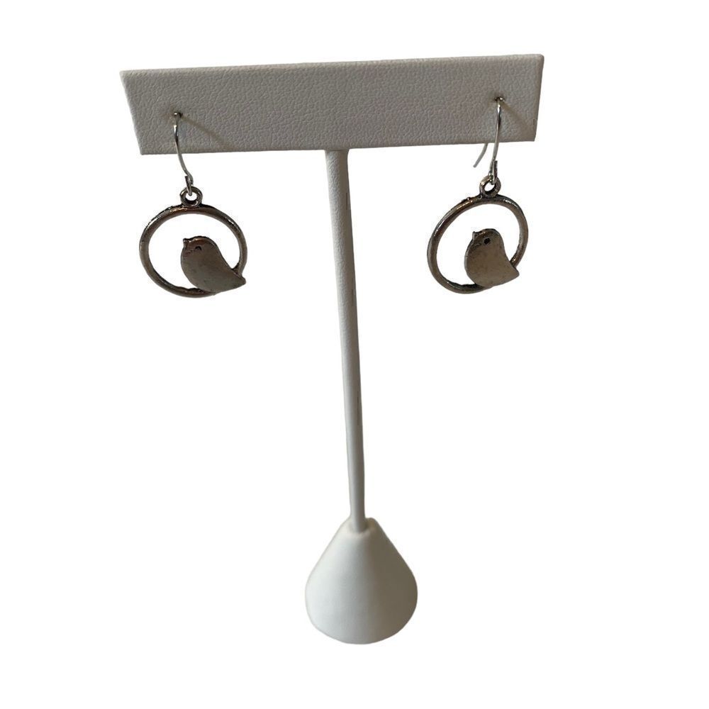 Sweet Looking Lightweight Brushed Silver Toned Bird Inside a Circle Earrings.
